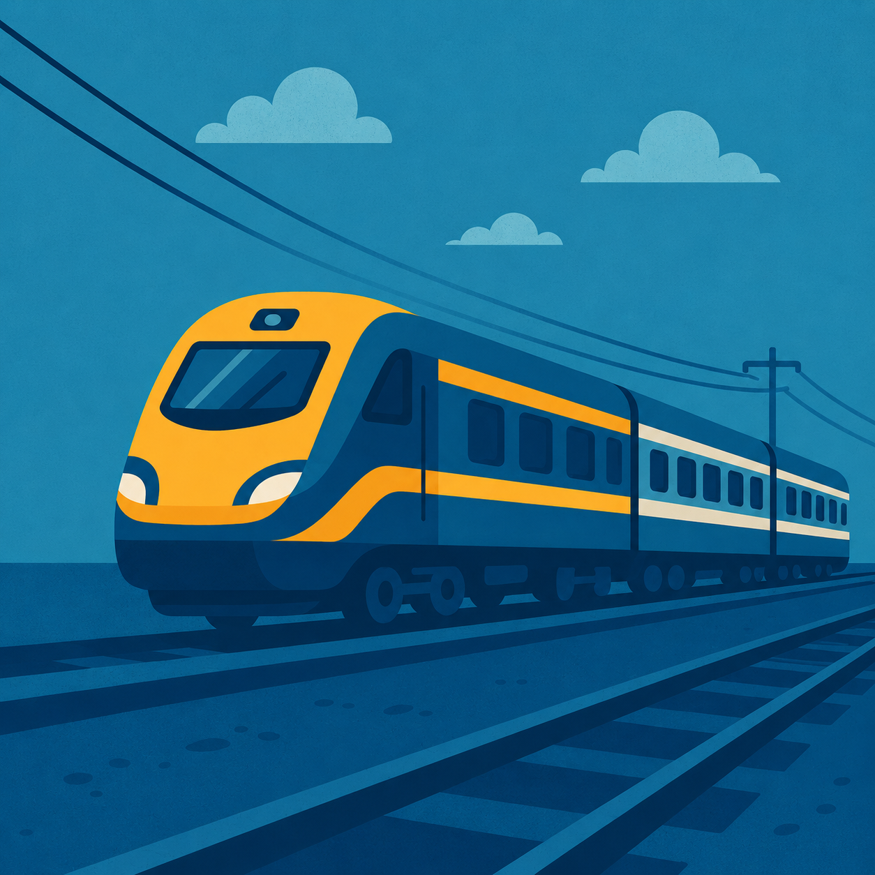 Illustration eines Zuges auf elektrifizierter Bahnstrecke