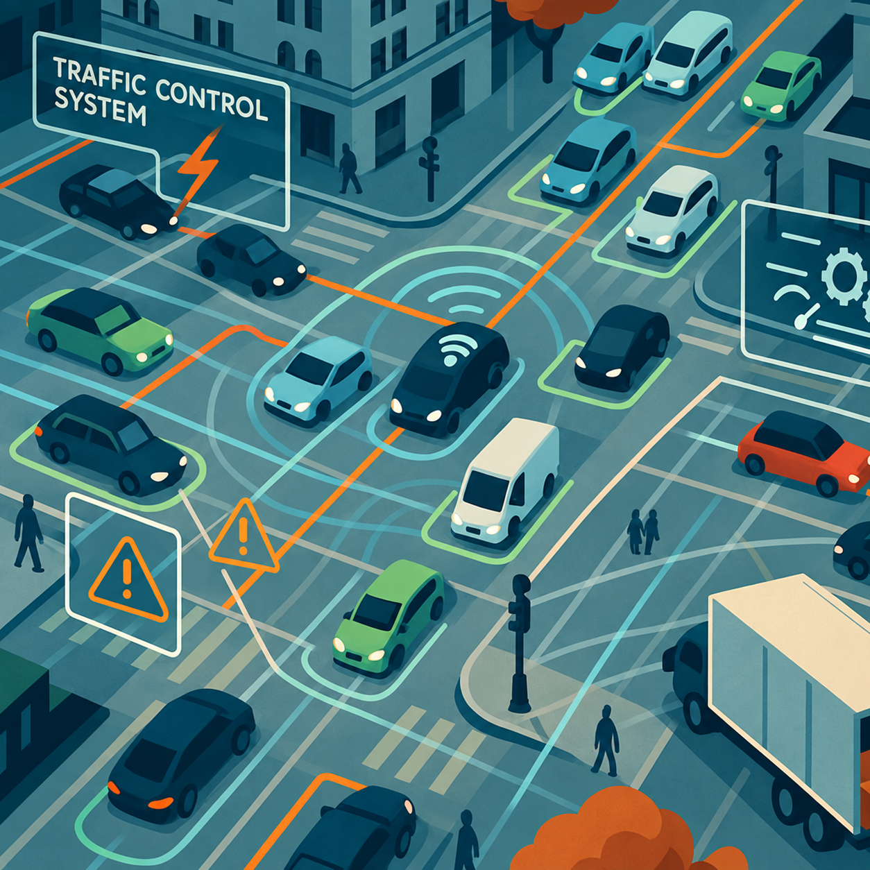 Illustration vernetzter Fahrzeuge und intelligenter Verkehrssteuerung