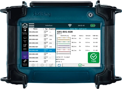 Softing NetXpert XG2 mit Messergebnissen zur Netzwerkqualifizierung