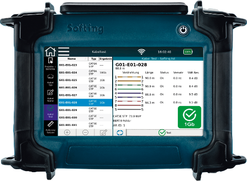 Softing NetXpert XG2 mit Messergebnissen zur Netzwerkqualifizierung