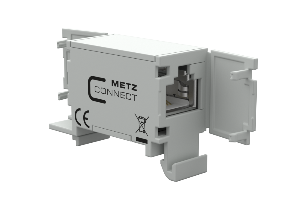 Geschirmte Smart-Meter-Kupplung 140120APZ-E mit geöffneter Schutzklappe und sichtbarer RJ45-Buchse
